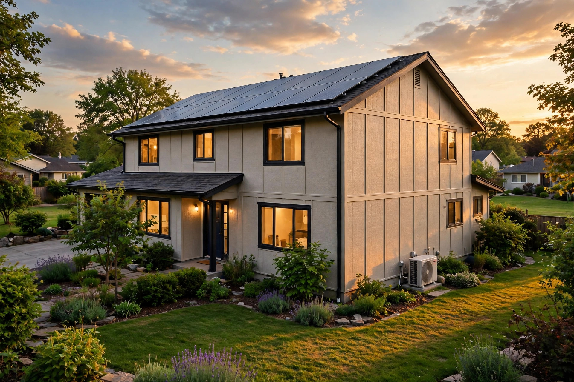 A home in warm evening light with insulated walls, a heat pump unit and solar panels on the roof
