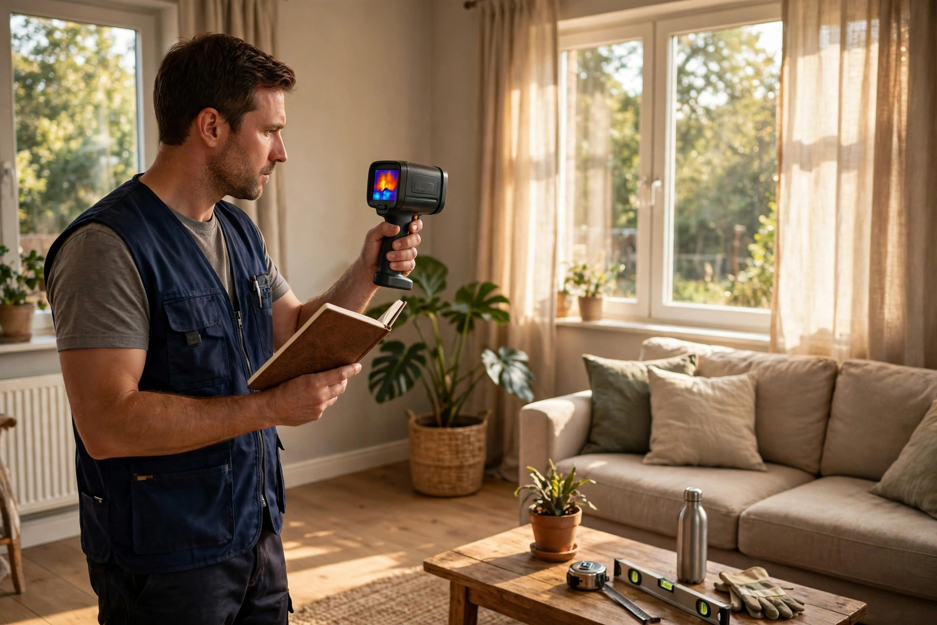An assessor measuring a room in a home with a notebook and a thermal camera