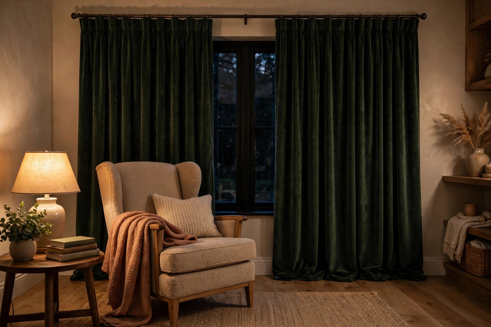 A comfortable home interior in the evening with warm light, thick curtains and a well-sealed window