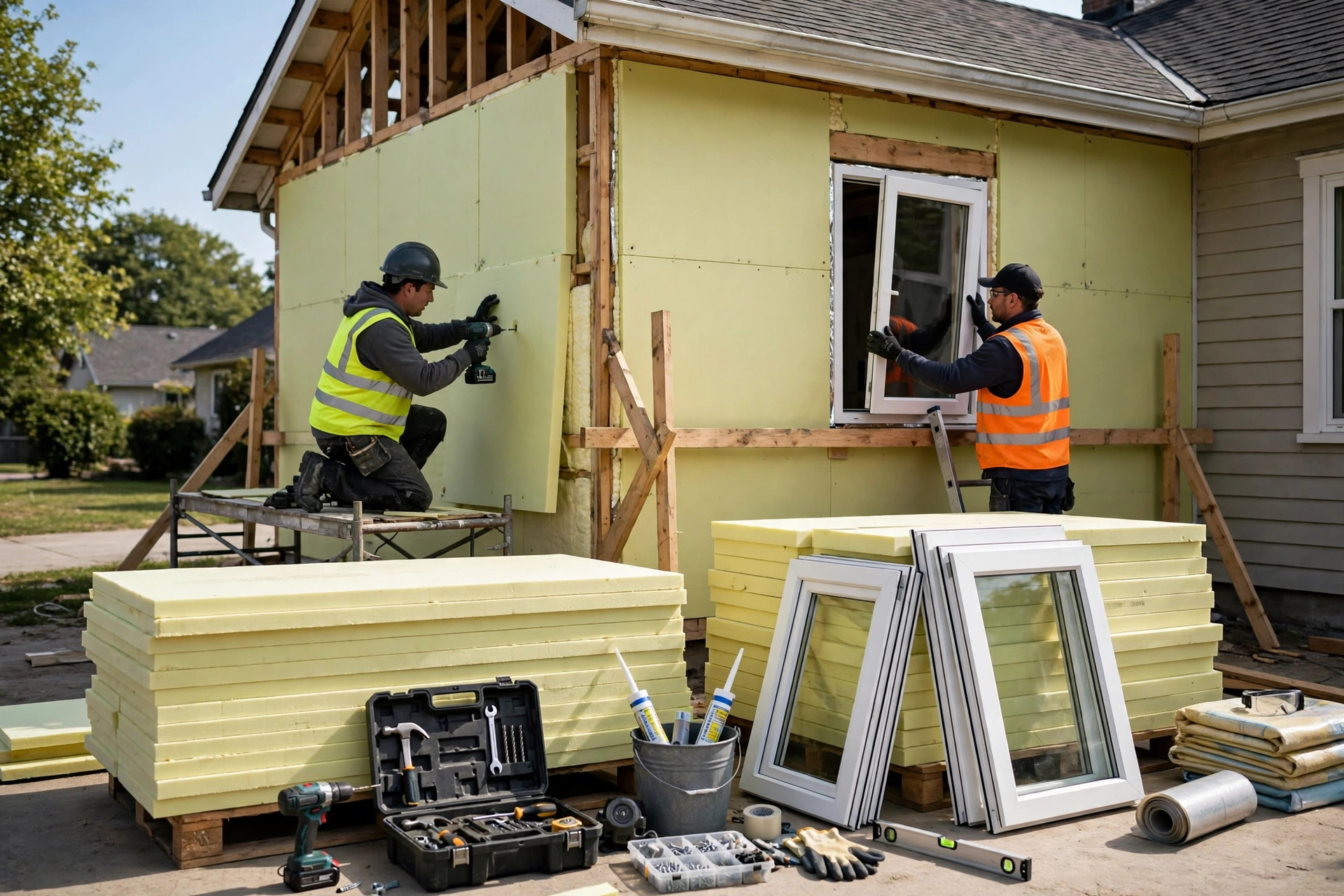 A home being retrofitted with new insulation and windows, with tools and materials neatly staged outside